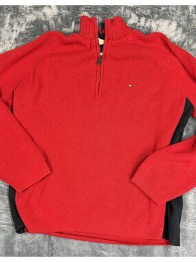 Tommy Hilfiger Mens XL Red Knit Half-Zip Sweater Logo Design